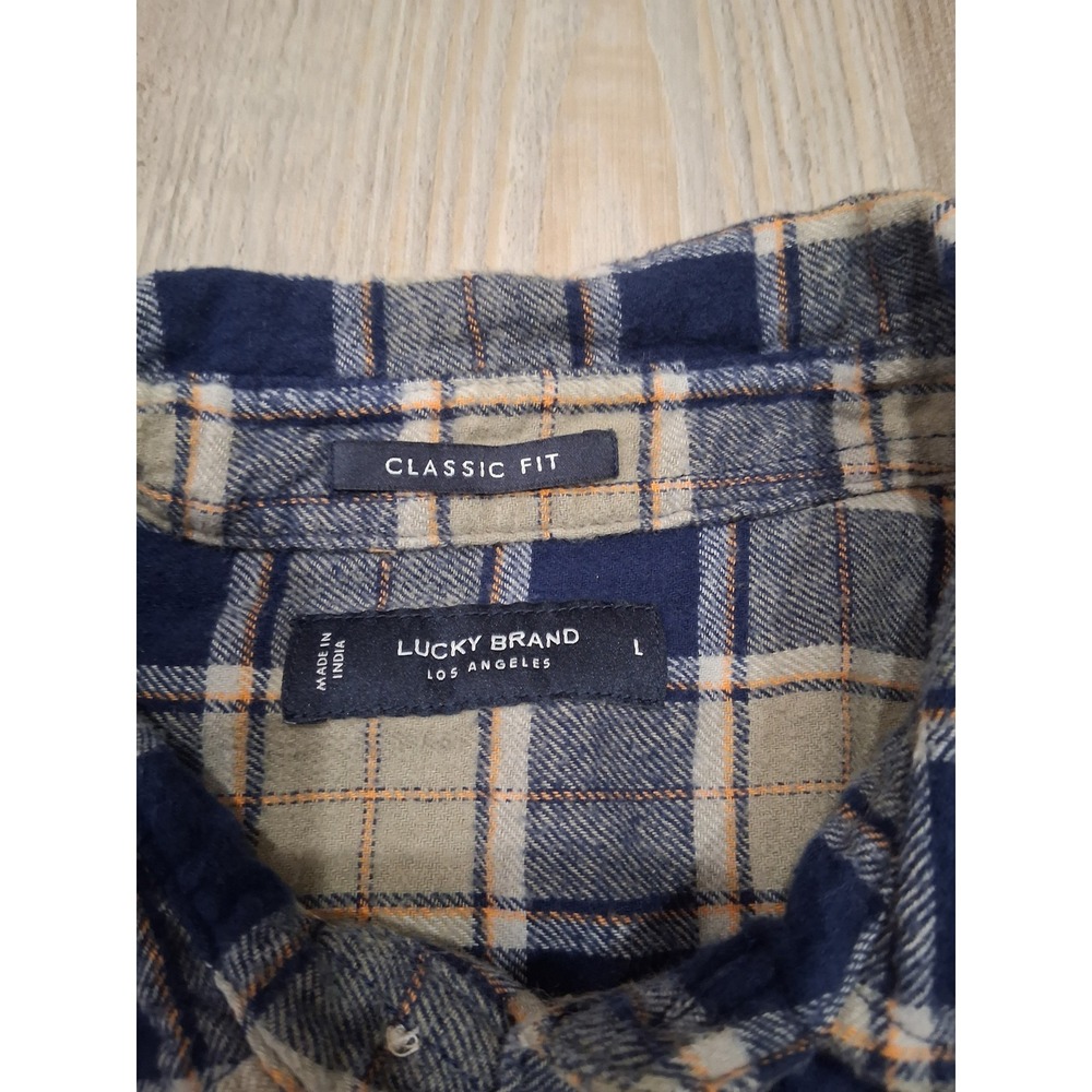 Lucky Brand Classic Fit Mens Large Blue Tan Plaid Flannel Button Down Shirt - Picture 3 of 6